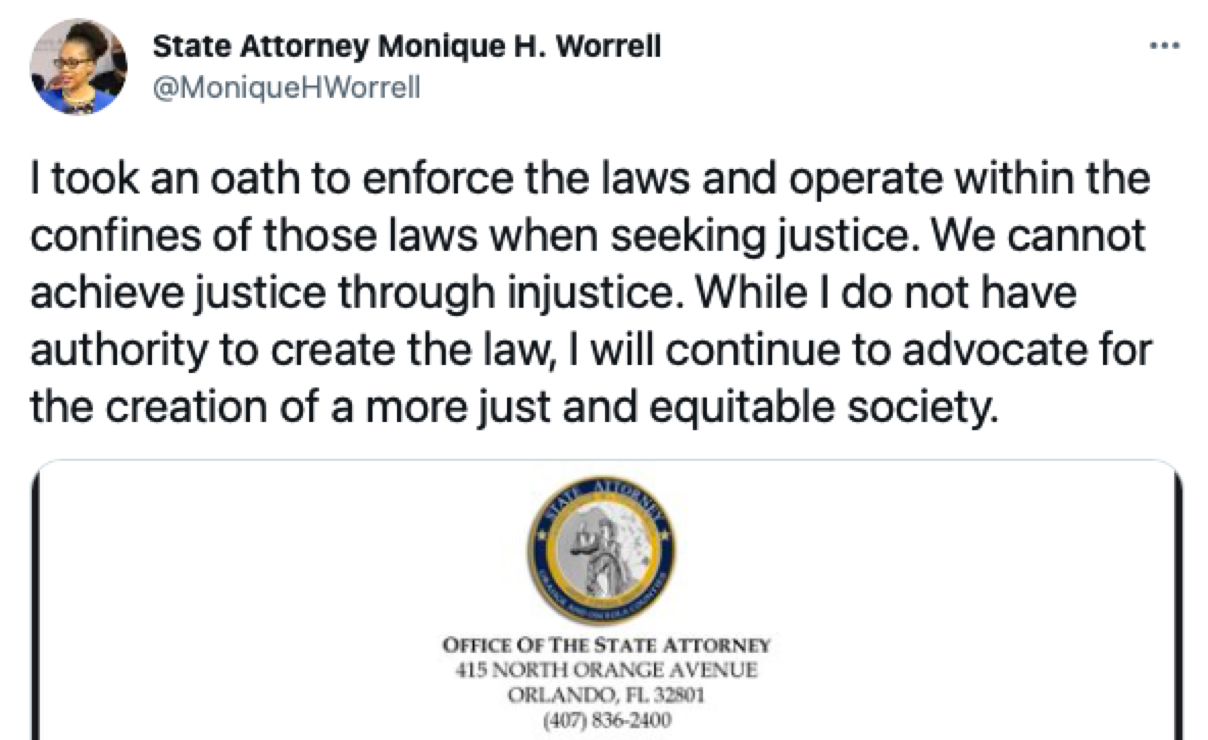 Screenshot image of a Tweet by Monique H. Worrell